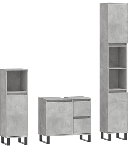 vidaXL Badmöbel Set 3 TLG., Badezimmermöbel mit viel Stauraum, Badschrank mit Eisenbeinen, Badezimmerschrank Waschbeckenunterschrank Hochschrank, Betongrau Holzwerkstoff