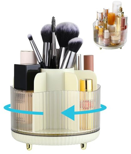 Shinowa Make Up Organizer, 360° Drehbarer Pinselhalter Makeup-Organizer mit Abnehmbaren Fächern, Transparent Pinselhalter für Kosmetik Schreibwaren Geschirr Bürobedarf, Schminktisch Organizer, Beige