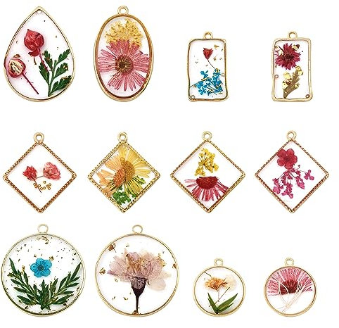 PandaHall 12 Stück getrocknete Blumen Anhänger geometrische Charms transparent klare Blumen Blatt Pflanze Harz Anhänger für Schmuckherstellung DIY Halskette Armband Messing Harz