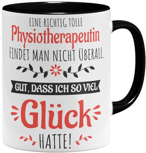 OM3® Physiotherapeutin Tasse mit Spruch - Geschenk für Physiotherapeuten - Dankeschön - Physio Praxis Krankengymnastik | Keramik Becher | 11oz 325ml | Beidseitig Bedruckt | Schwarz