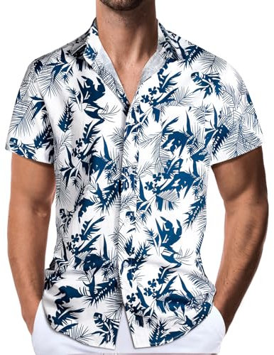 Danfiki Men's Hawaiian Shirt - Short Sleeve Flower Shirts for Summer, Beach & Holiday - White, Navy