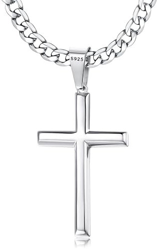 CASSIECA Kreuz Kette Herren Silber Kette Herren 925, Kreuz Anhänger Halskette Edelstahl Kuban Kette Halskette Silber Kette Herren Silberkette Kreuz Halskette 56cm