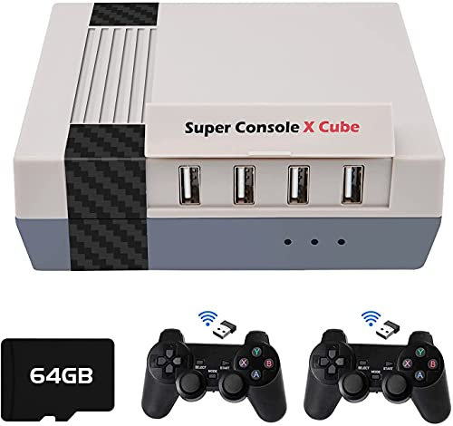Console de Jeux Vidéo Rétro sans Fil Super Console X Cube avec Cartes TF 64G, Plus de 50 émulateurs intégrés et 33000 Jeux, Sortie TV HD / AV 4K, Deux contrôleurs sans Fil 2.4 G (64G)