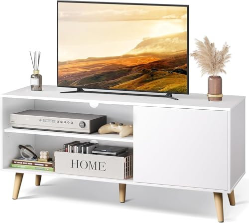 WLIVE White TV Stand Uint, TV Unit for TV up to 55 Inch, 120cm TV Cabinet Table with Storage, Wooden TV Console for Living Room, Modern Style TV Console for Bedroom and Bedroom