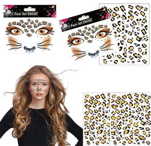 5 Stück Gesichtstattoo, Face Art Sticker Leopard,Leoparden Karneval Glitzer Set Halloween Schminke Sticker,Temporäre Gesichtstattoo Karneval, Face Tattoo Schminke für Karneval, Fasching, Motto Party