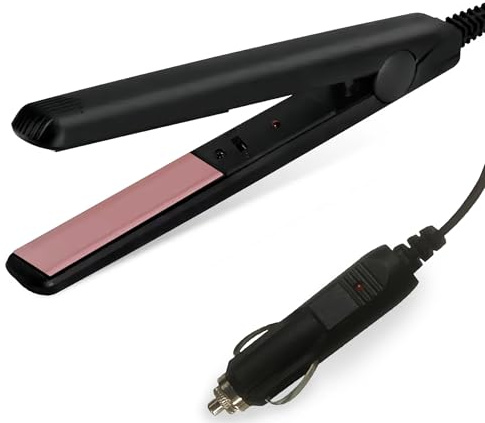 LEPEVNEY 12V Portable Car Hair Styler Travel Hair Straightener Flat Iron Straightening Black & Pink