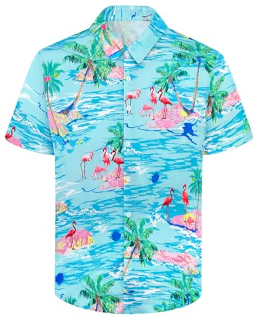 XiaoMoSha Mens Hawaiian Shirts Short Sleeve Wrinkle Free Button Down Summer Casual Shirt for Men Tropical Holiday Beach Funky Party Tops, TropicalGreen, Large