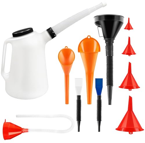 Carafe de 5 litres avec 10 entonnoirs – Récipient automobile et distributeur avec bec flexible pour changement d'huile, liquide de refroidissement, carburant et liquides de transmission