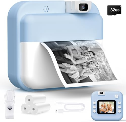 Kids Camera Instant Print for Boys Girls, 1080P HD Instant Camera for Kids with 32GB Card & 3 Rolls Photo Paper, 180° Rotatable Lens, Christmas Birthday Gifts for 3-12 Years Old (Blue)