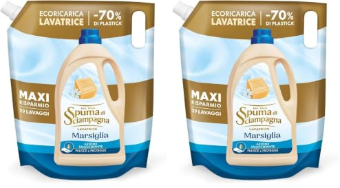 Spuma di Sciampagna - Detersivo Lavatrice Concetrato, Sapone di Marsiglia, Formula Concentrata Efficace Anche a Freddo, Igienizzante con 93% di Ingredienti Biodegradabili - 1305 ml, 29 Lavaggi