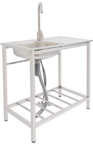 Évier de cuisine autoportant en acier inoxydable - 90 x 60 x 80 cm - Avec socle - Meuble d'évier mobile avec robinets d'eau chaude et froide - Pour cuisine, buanderie, extérieur
