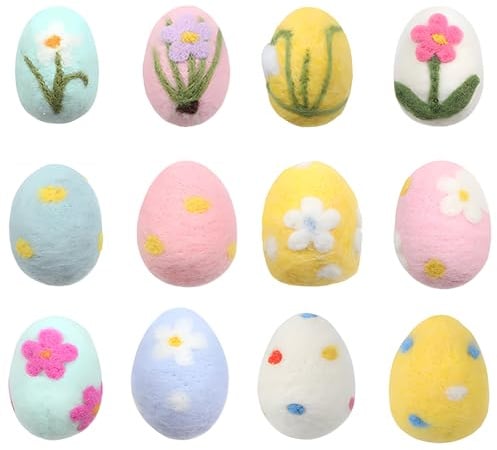 shallyong 12 Stück Filz Ostereier, Mini Ostereier Pastellfarben mit Blumenmotiv, Filz Eier Ornamente, Osterdeko Oster Eier für Innen & Draußen, Bunte Oster Ei Deko