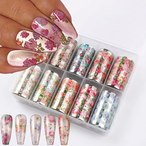 Flower Nail Art Foil Transfer Stickers Spring Flowers Nails Foils Transfer Decals Flower Nail Decals Nail Art Supplies Starry Sky Paper Nail Adhesive Transfer Slider for Women Manicure Nail