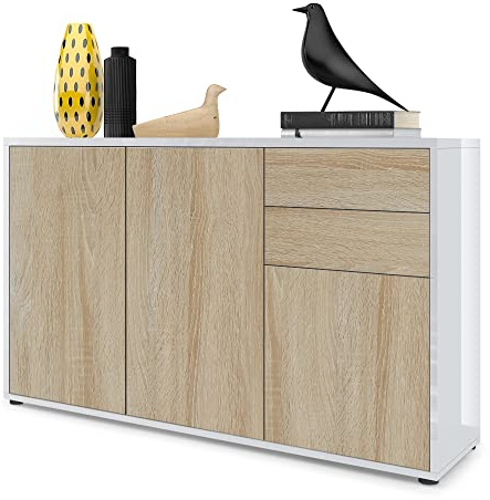 Vladon Sideboard Ben V3, Kommode mit 3 Türen und 2 Schubladen, Weiß Hochlganz/Eiche Sägegrau (117 x 74 x 36 cm)
