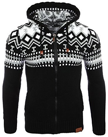 Reslad Herren Grobstrick Norweger Pullover Winter Strickjacke Kapuzenpullover RS-3104 (L, Schwarz-Weiß)