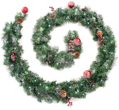 Best Artificial Frosted Red Decorated Christmas Garland with 80 Bright White LED Battery Lights (9ft Garland)