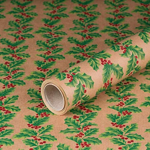 Geschenkpapier Ilex, Geburtstagspapier, Weihnachtspapier, Kraftpapier, 0,70 x 10 m