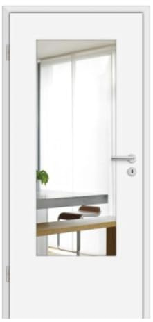 HORI Zimmertür Komplettset mit Zarge, Türdrücker und Verglasung I Innentür CPL Weiß mit Lichtausschnitt in Klarglas I Höhe 198,5 cm - DIN links - 1985 x 860 x 120 mm