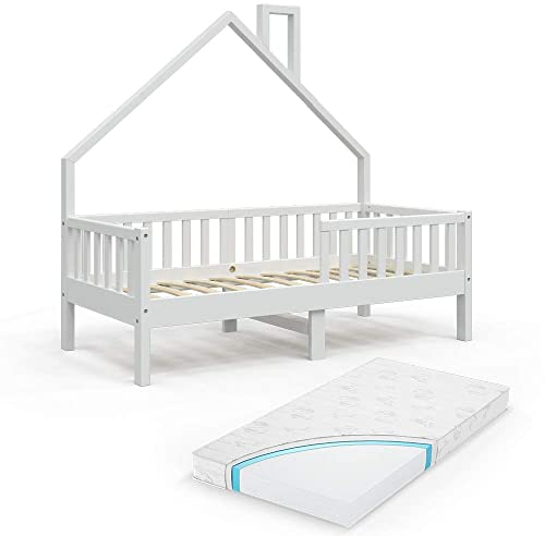 VitaliSpa Hausbett 80x160 cm Noemi mit Matratze - Weiß 168x155x83 cm gefertigt aus Holz - Bett perfekt für Kinder, hausähnliches Design für behagliches Schlaf