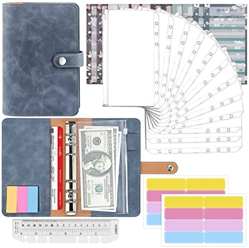 Mlife Ringbuch,Budget Planner - 26pcs Leder Notizbuch Ordner mit Klar Plastik Binderumschlägen,Budgetblätter,Etikettenaufklebern,Geld Aufbewahrung Sparbuch für Reisen und Tagebuch (Blau)