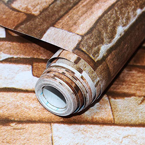 Dostear Wallpaper Self-Adhesive Klebetapete Selbstklebend Selbstklebende BordüRe Tapeten Klebefolie Wandfolie Kinderzimmer FüR Wohnung Renovierung Braun gestreifte Ziegel 17.72 X 236.22 Zoll
