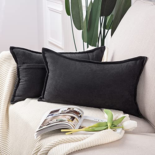 Madizz 2er Set kurzen Chenille Zierkissenbezüge weicher dekorativer Kissenbezug für Sofa, Schlafzimmer Kissenhülle Schwarz 30x50 cm Rechteckig