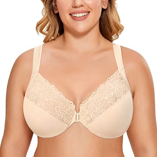 DELIMIRA Women's Front Fastening Bras Unlined Lace Plus Size Support Underwire Beige 40D