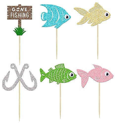 Gyufise 24Pcs Gone Fishing Bobber Cupcake Toppers with 3D Eyes Little Fisherman Birthday Party Cake Decorations for Kid Baby Shower Summer Pool Beach Underwater Party Supplies