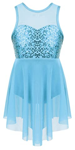 iiniim Mädchen Ballettkleid Ballettanzug Gymnastik Turnanzug mit Asymmetrisch Rock Pailletten Ballerina Latein Tanzkleid Gr.116-176 Hell Blau 140