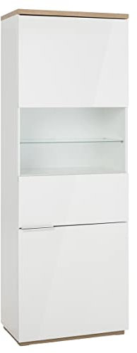 Meubletmoi Colonne vitrée 1 Porte réversible en Verre Finition chêne Clair texturé et Blanc laqué avec poignées métal Blanc - Veronica