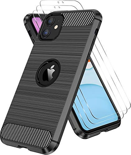 Guscase Coque pour iPhone 11 avec [3 Pièces] Protection Écran en Verre Trempé, Coque iPhone 11 Fibre de Carbone Souple Silicone TPU Antichoc Bumper Protection Housse Étui pour iPhone 11, Noir