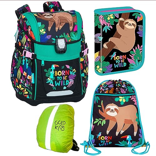 Goldkids Schulranzen Schulranzen-set Born to be wild Ranzen Kinderrucksack, Federmappe, Schuhbeutel, Regenschutz Motivdruck Faultier 4-teilig