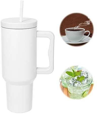 SNONRDO Gobelet isotherme de 1200 ml avec paille et poignée, Tasse isotherme de voyage en acier inoxydable 304, tasse à café, tient au chaud pendant 12 heures et glace pendant 24 heures (Blanc)