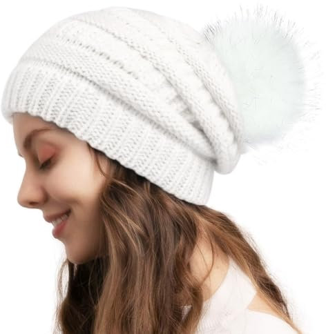 HSAJS Damen Beanie Mütze Warme Wintermütze Winter Strickmütze mit Bommel Slouch Strick Beanie Atmungsaktivem und Leichtem für Winter Bommelmütze