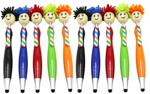 Dickly 3 in 1 Pen Mop Head Topper Pen Funky Stationery Gift Retractable Ballpoint Pens Novelty Pens Black Ink for Kids Adults, 10Pcs