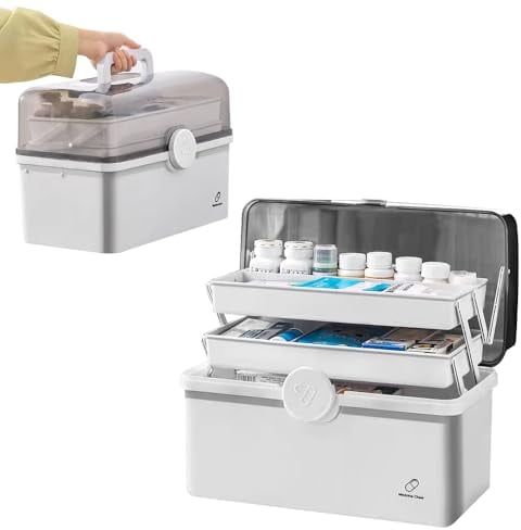 LPAMABA Caja de Almacenamiento para Medicamentos, Caja Medicamentos Grande de 3 Niveles, Caja Botiquín de Plástico con Asa Portátil, Caja Organizadora de Medicina para Casa Oficina- 34 x 21,5 x 19 cm
