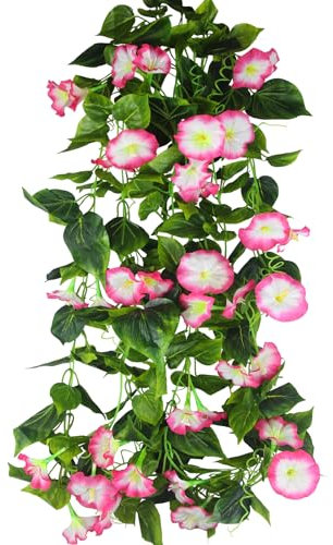 CISDUEO Künstliche Reben für den Außenbereich, Seide, Morning Glory Reben, 4,5 m, Hängepflanzen, Rosen-rote Blumen, Girlande, künstliche grüne Pflanze, Morgenglories für Heimdekoration, Wandzaun,