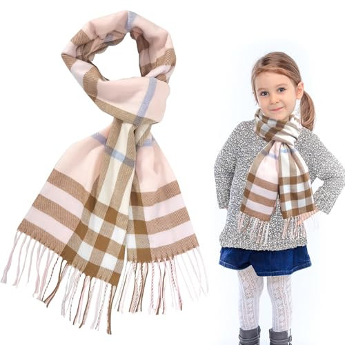 SwirlColor Girls Tartan Scarf, Soft Faux Cashmere Plaid Scarves Wraps Shawl Winter Long Scarf for Girls Kids Neck Warmer-Pink Khaki
