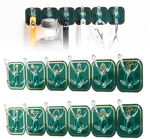 GmwyCzV 12 Pezzi Gancio Autoadesivo, Gancio Adesivo a Parete, Ganci Adesivi, Adesivi Forti Ganci, Gancio Multiuso, Senza Perforazione, per Parete, Cucina, Bagno, Ufficio, Finestra (Verde)