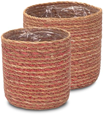 Decorasian Pot de fleurs en jonc de mer – Pot décoratif tressé – Corbeille à plantes décorative avec insert en film dans le style bohème - Naturel/rose, Set S