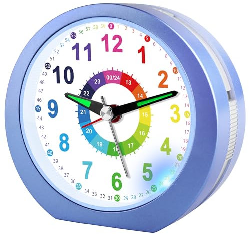 Ayybboo Sveglia Bambini Senza Ticchettio con Snooze e Luce Notturna, Sveglia per bambini Didattica a Batteria per Ragazzi e Ragazze, Sveglia Analogica al Quarzo per Bambini (BluReale)
