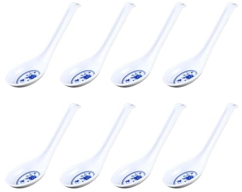 8Pcs Chinese Won Ton Soup Spoon - Reusable Plastic Table Spoon for Ramen Dumpling - White