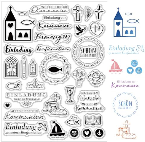 BOOMTOP Silikon Stempel Kommunion Silikonstempel Taufe Klare Stempel Set Einladung Konfirmation Firmung Stempelmotive Clear Stamps Sprüche Deutsch zum Kartenbasteln Scrapbooking Geschenkanhänger