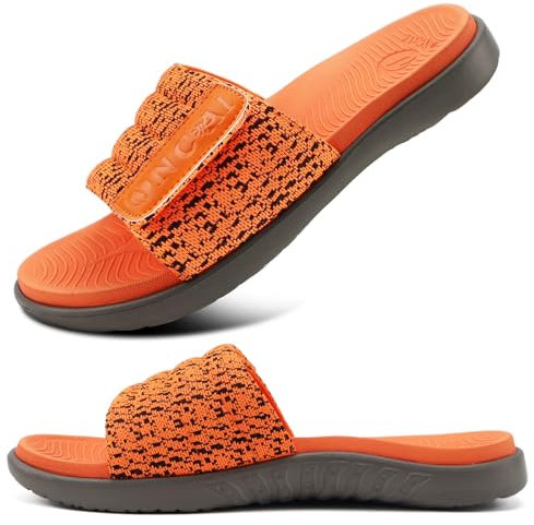 ONCAI Mens Sandals, Arch Support Sport Slides Open Toe Adjustable Straps Orthotic Cushioned Footbed for Plantar Fasciitis Rubber Soles Orange Size 9