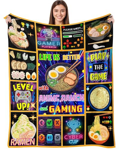 Aipon Anime Ramen Gaming-Gamer-Decke, 127 x 152,4 cm, Anime-Ramen-Liebhaber, Gaming-Gamer, Geschenke für Jungen, Kinder, Männer, lustige Essen-Spiel-Controller-Decken, weiche, gemütliche, leichte