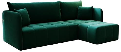 KP-Meble - Ecksofa mit Schlaffunktion Santo, Schlafsofa mit Bettkasten Couch, Wohnlandschaft, Bequemer Sitz - Velourstoff mit dekorativer Steppung - Rechts - Monolith 37 (Flaschengrün)
