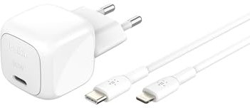 Belkin Chargeur Secteur Compact BoostCharge 30 W (USB-C Power Delivery, Recharge Rapide pour Apple iPhone, Samsung Galaxy, iPad, AirPods, tablettes, etc., câble USB-C vers Lightning Inclus, Blanc)