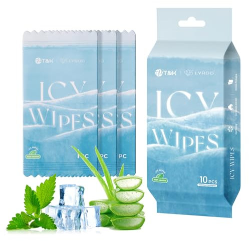 T&K Cooling Body Wipes - 10 Individually Wrapped Icy Refresh Wipes for Adults, with Aloe & Mint | Travel, Sport, Camping Essentials