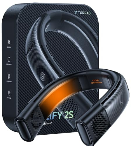 TORRAS Coolify 2S Ventilatore da collo che soffia aria fredda [versione limitata], condizionatore d'aria da collo con batteria lunga, ventilatore da collo arancione-blu-cambiamento, controllo tramite