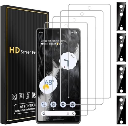 Romkasi Verre Trempé Ultra Clair pour Google Pixel 7 5G - 4 Protecteurs d'Écran + 4 Protecteurs de Caméra Arrière, bords incurvés 2,5D, Dureté 9H Anti-Rayures, Sans Bulles